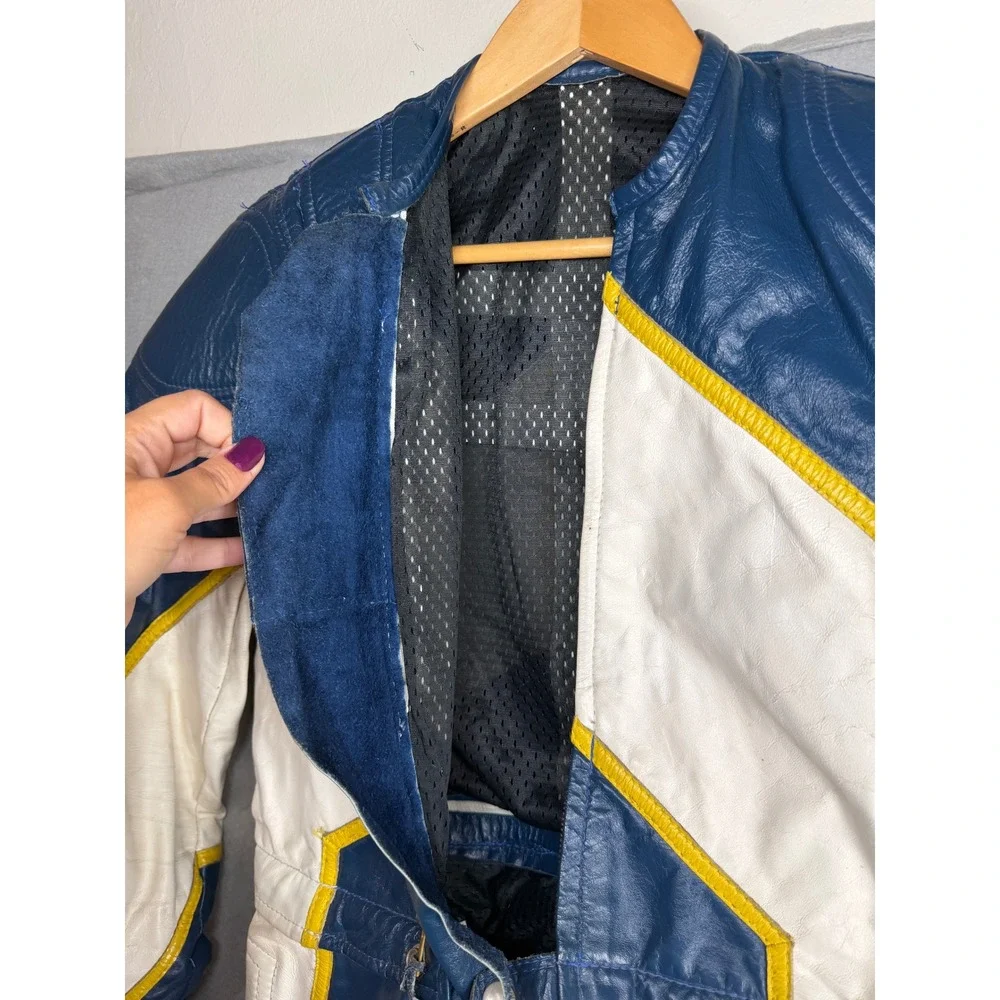Vintage Leather Motorcycle Racing Suit Blue White Yellow handmade Jumpsuit